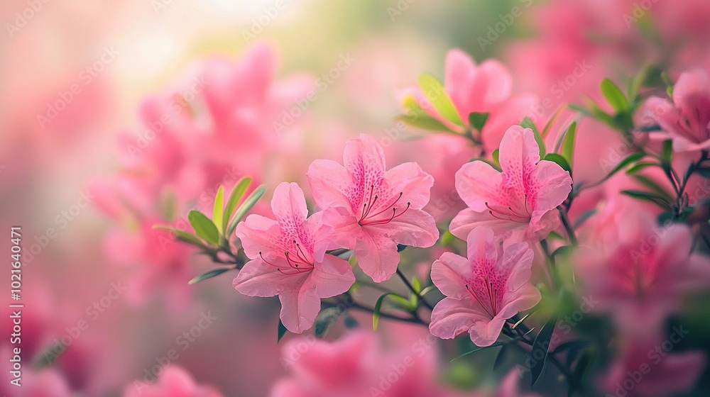 Pink blooms on a sunlit tree against blurred backdrop Pink blooms on a sunlit tree against blurred backdrop