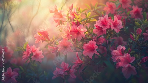  A garden with a sunny day and blooming pink flowers has a blurred background of trees and bushes