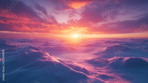 Winter Sunset Landscape with Pink Sky and Snowdrifts