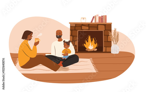 Happy parents  with a child at the fireplace,