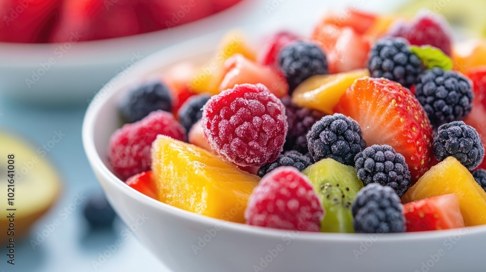 Close-Up of Colorful Fruit Salad Topped with Shredded Frozen Berries Showcasing Playful Culinary Trend Close-Up of Colorful Fruit Salad Topped with Shredded Frozen Berries Showcasing Playful Culinary Trend