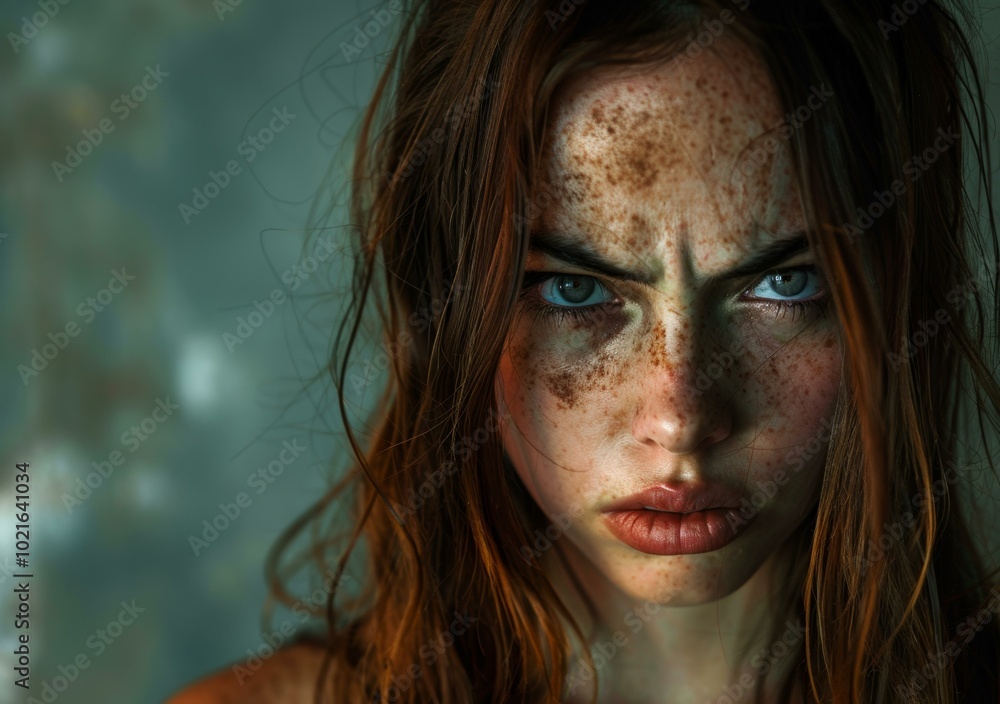 Φωτογραφία Close-up Portrait of a Woman with Freckles and Strong Eyes