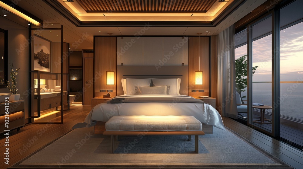 Luxury Modern Bedroom with Ocean View Illustration Luxury Modern Bedroom with Ocean View Illustration