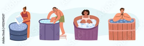 Set of diverse people taking cold ice pod bath at different stages