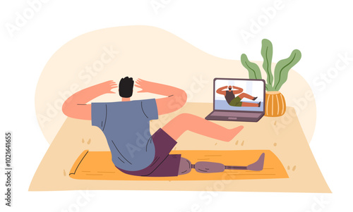 Remote training concept. A man with prosthesis doing remote training with instructor. Vector flat illustration