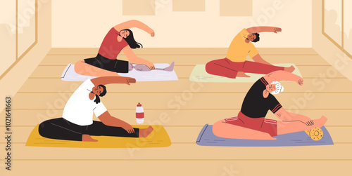 Diverse female group training concept. Woman stretching class in a fitness studio. Vector hand drawn illustration