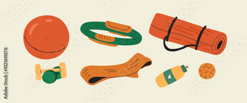 Set of pilates equipment objects. Vector hand drawn illustration of training props.  Vector hand drawn flat illustration.