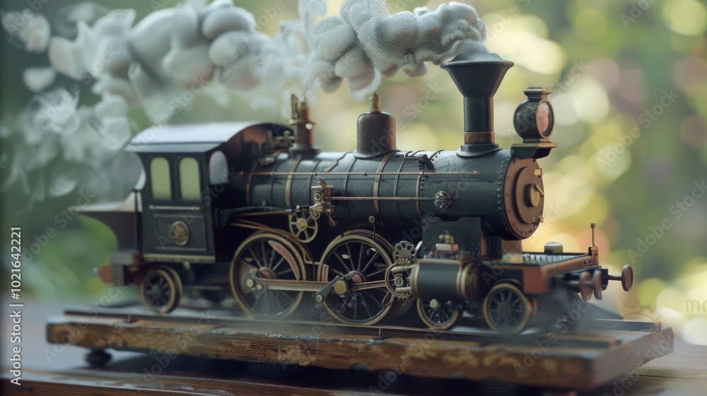 Naklejka premium A miniature steam engine train model with smoke billowing from the chimney, creating a sense of motion and nostalgia.