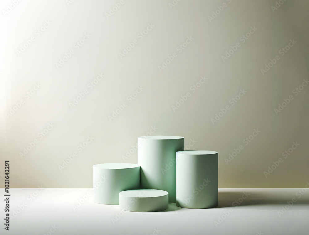 Two round soft green podiums forming a cylinder on soft and diffused light background Two round soft green podiums forming a cylinder on soft and diffused light background