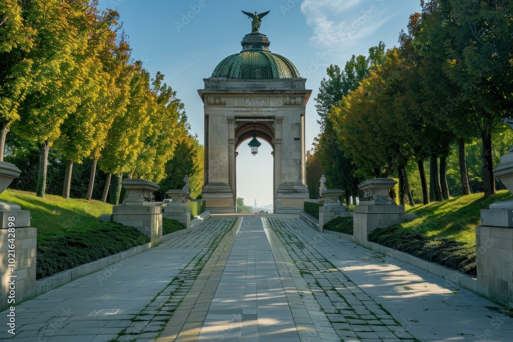 Stone paved walkway leading to a city skyline with a monumental entrance and trees lining the sides Stone paved walkway leading to a city skyline with a monumental entrance and trees lining the sides