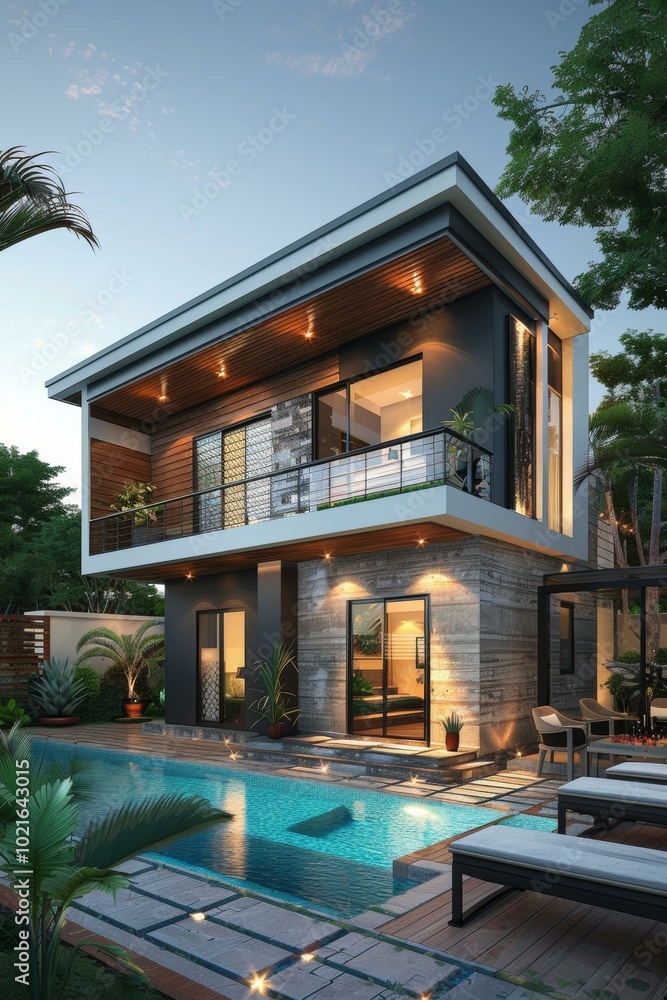 Modern Villa with Swimming Pool at Dusk Modern Villa with Swimming Pool at Dusk