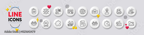 Difficult stress, Puzzle and 5g internet line icons. White buttons 3d icons. Pack of Augmented reality, Analysis graph, No vaccine icon. Safe time, Power, Medical mask pictogram. Vector
