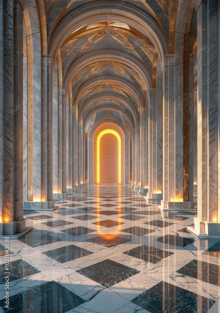 Obraz premium Majestic Marble Hallway with Golden Light