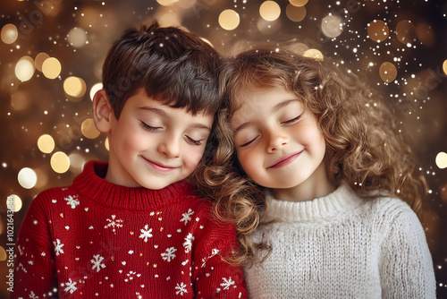 Photo portrait of siblings little boy and girl together eyes closed dreaming about gifts, boy and girl smiling, red wool sweater, white sweater, curly hair, festive Christmas background