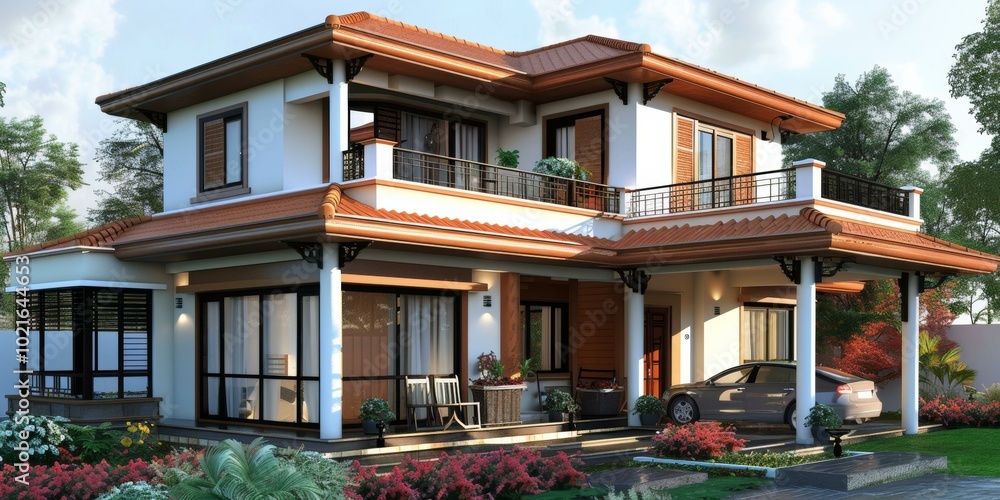 Fototapeta premium Modern Two-Story House Exterior Design Illustration