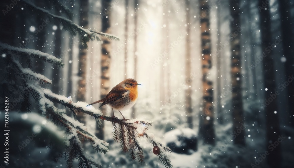 a small bird in the winter forest on a snowy branch, it is snowing a small bird in the winter forest on a snowy branch, it is snowing