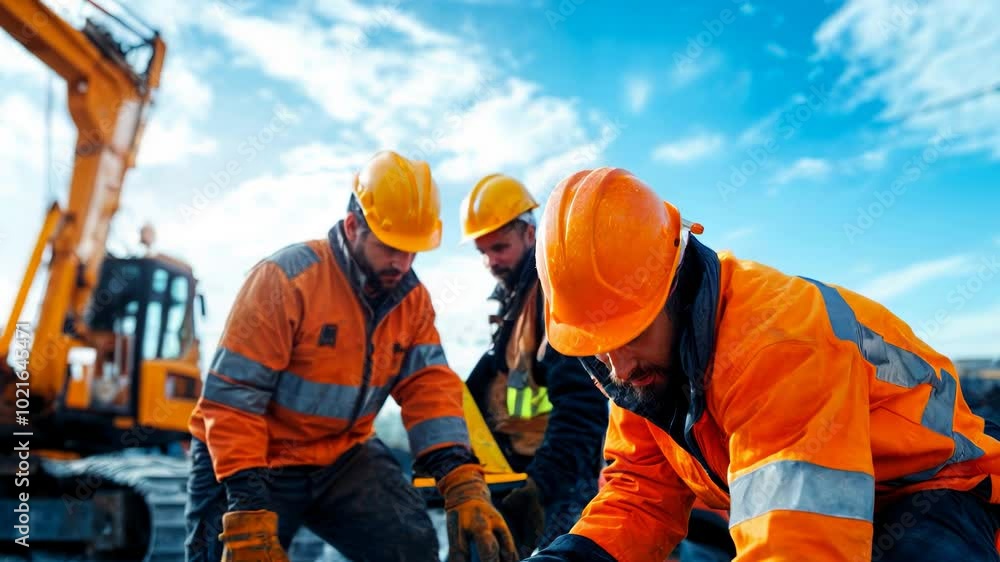 Construction workers collaborating on a project at a busy site under clear blue skies Construction workers collaborating on a project at a busy site under clear blue skies