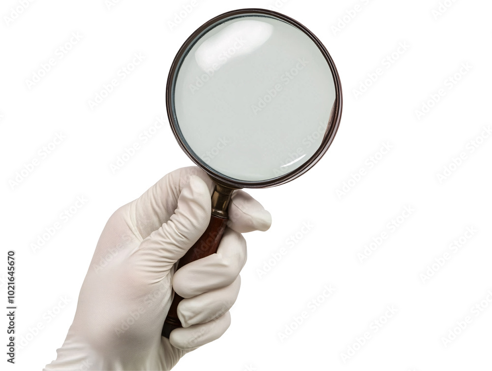 a hand in a glove holding a magnifying glass a hand in a glove holding a magnifying glass