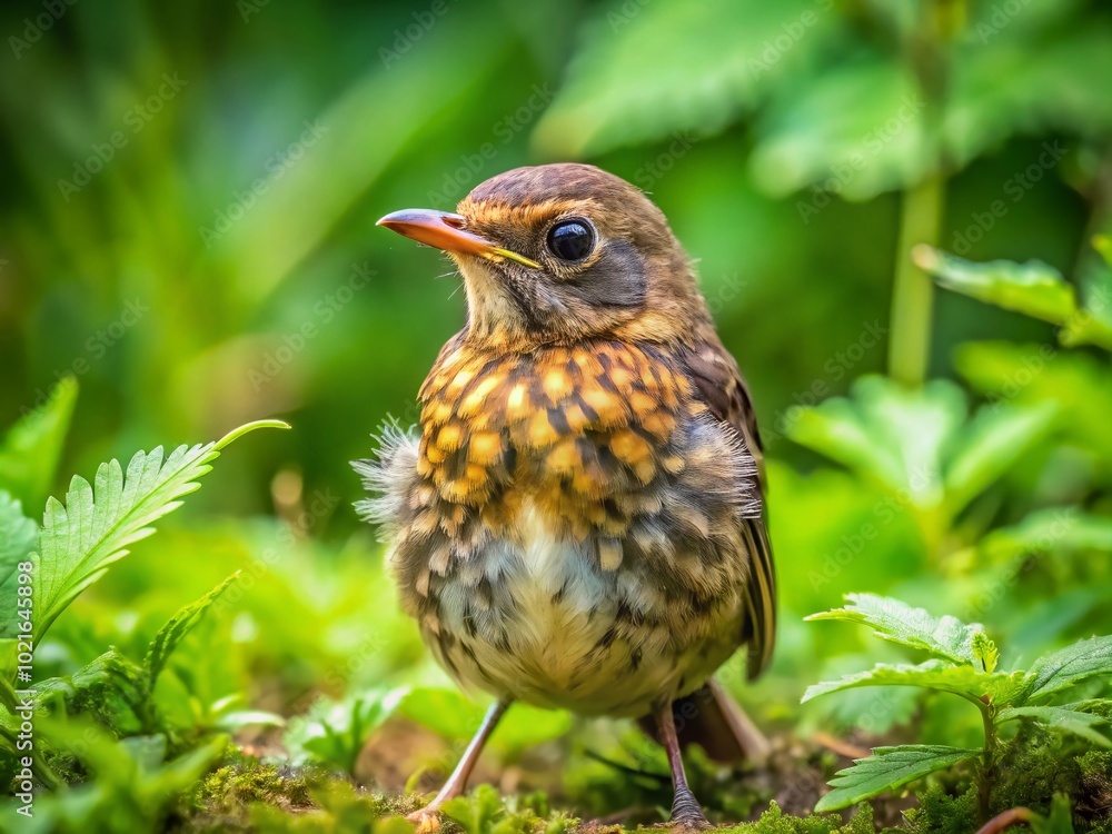 Young Robin Fledgling on the Ground in Natural Habitat Surrounded by Green Grass and Leaves Young Robin Fledgling on the Ground in Natural Habitat Surrounded by Green Grass and Leaves