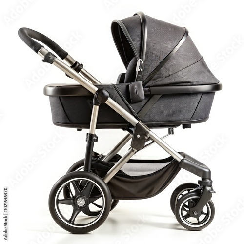 Stylish black baby stroller standing sideways for easy access and convenience. Generative AI