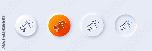 Megaphone line icon. Neumorphic, Orange gradient, 3d pin buttons. Advertisement device symbol. Brand ambassador sign. Line icons. Neumorphic buttons with outline signs. Vector