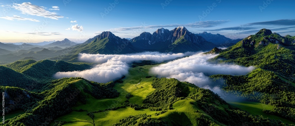 Fototapeta premium Scenic Mountain Landscape with Lush Greenery and Clouds