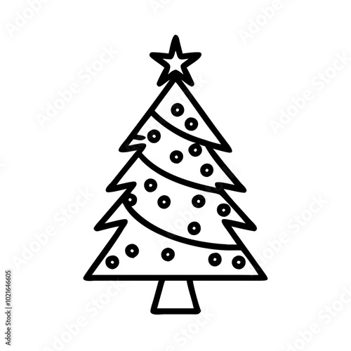 Christmas tree icon with a clean black outline, showcasing a classic triangular shape with layered branches and a star on top, symbolizing the holiday spirit and festive celebrations.