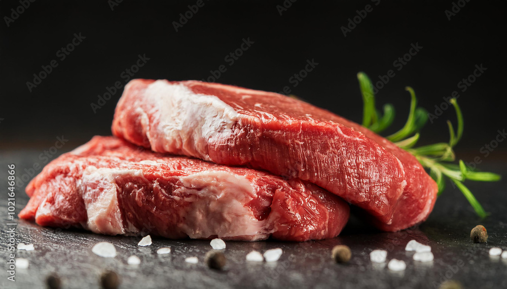 Raw marbled beef steaks on black background. Fresh organic meat. Cooking and culinary concept Raw marbled beef steaks on black background. Fresh organic meat. Cooking and culinary concept