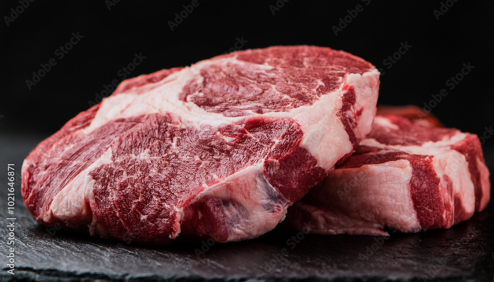 Raw marbled beef steaks on black background. Fresh organic meat. Cooking and culinary concept Raw marbled beef steaks on black background. Fresh organic meat. Cooking and culinary concept