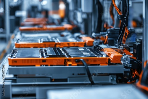 a line of orange and black machines in a factory