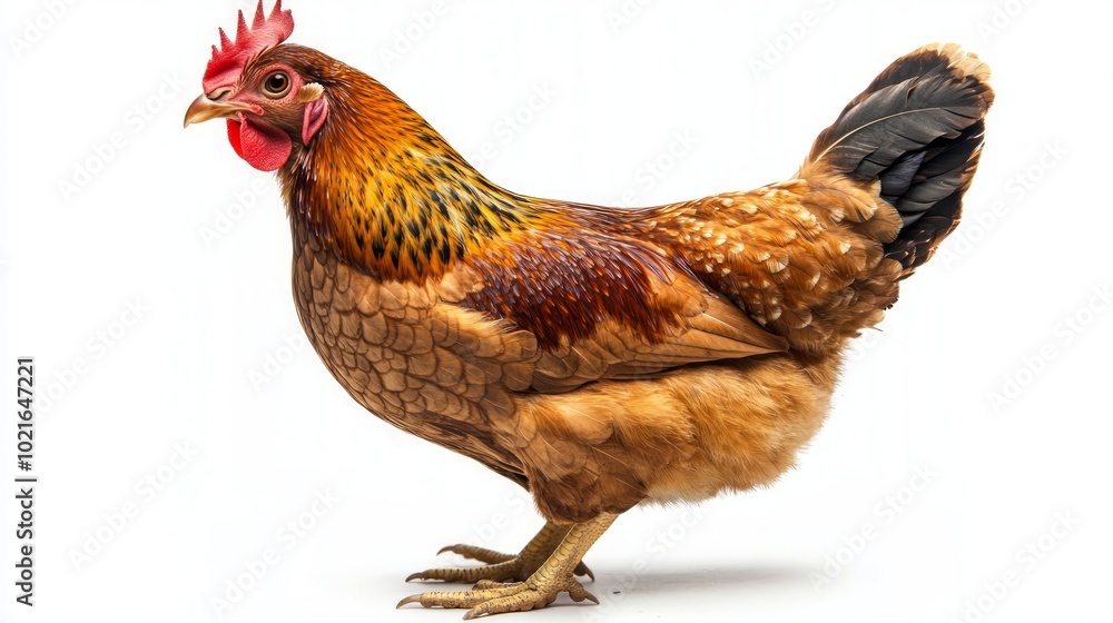 Fototapeta premium A brown hen with a red comb and wattles stands on a white background.