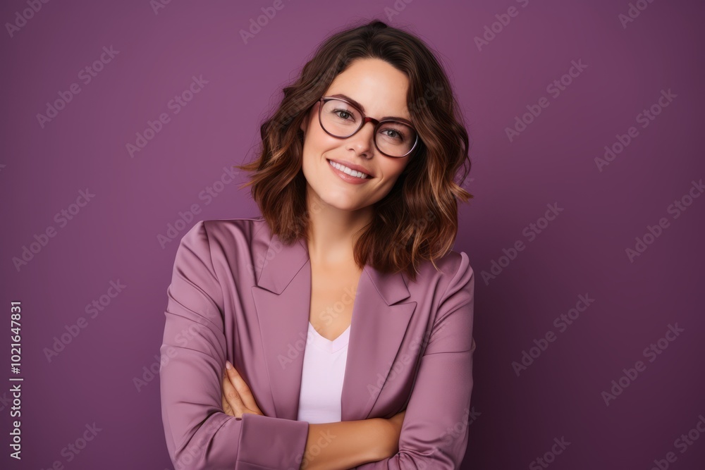 Portrait of a beautiful young businesswoman in glasses on purple background Portrait of a beautiful young businesswoman in glasses on purple background