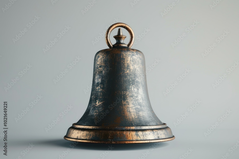 Old metal bell with a weathered patina is showing its age on a neutral background Old metal bell with a weathered patina is showing its age on a neutral background