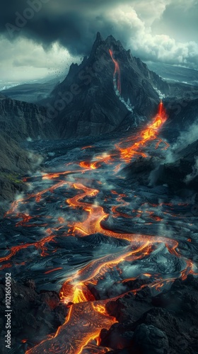 Lava Flowing Down a Mountainside During a Volcanic Eruption
