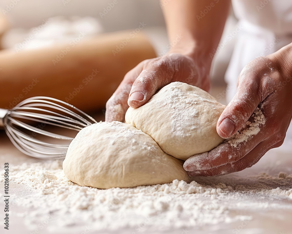 Hands kneading dough on a floured surface, rolling pin and whisk beside, cozy kitchen ambiance Hands kneading dough on a floured surface, rolling pin and whisk beside, cozy kitchen ambiance