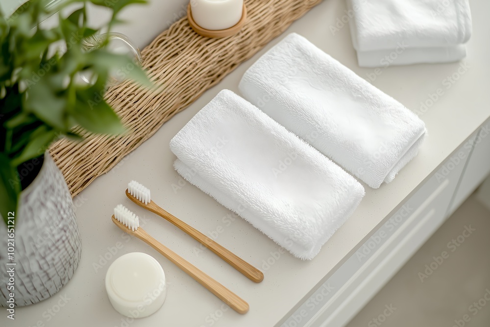 Overhead View of a Tidy Bathroom Counter With Only a Toothbrush, Hand Soap, and Neatly Folded Towels, Embodying Minimalist Design Overhead View of a Tidy Bathroom Counter With Only a Toothbrush, Hand Soap, and Neatly Folded Towels, Embodying Minimalist Design