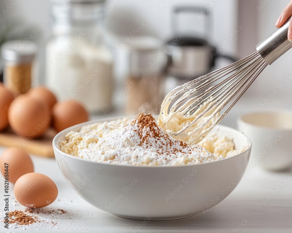Cake batter being mixed in a bowl, whisk and baking tools beside, cozy and inviting kitchen Cake batter being mixed in a bowl, whisk and baking tools beside, cozy and inviting kitchen