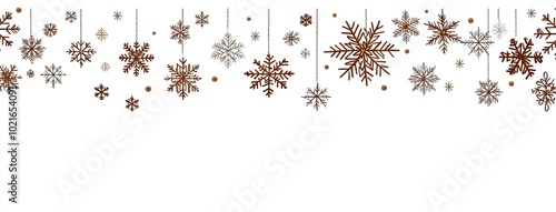 Delicate gold snowflakes form a seamless border on a white backdrop, perfect for a Christmas or New Year greeting card, providing space for customizable messages photo