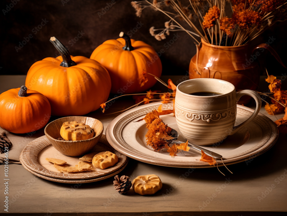 Hygge mood, warm beverage in fall. Autumn harvest pottery. Rustic stoneware with fall decor. Sage plate on neutral background with pumpkins and herbs. Wabi sabi pottery. Food blog concept
