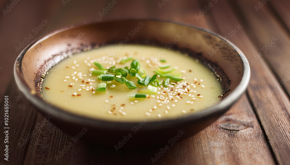 Bowl of potato leek soup garnished with fresh chives and sesame seeds. Tasty food. Delicious dish. Bowl of potato leek soup garnished with fresh chives and sesame seeds. Tasty food. Delicious dish.