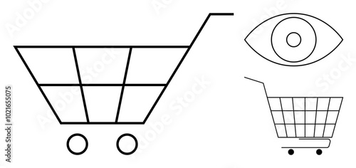 Minimalist line drawings of shopping carts and an eye symbol. Ideal for online shopping, e-commerce, consumer behavior, marketing insights, and surveillance themes. Simple, modern, clean