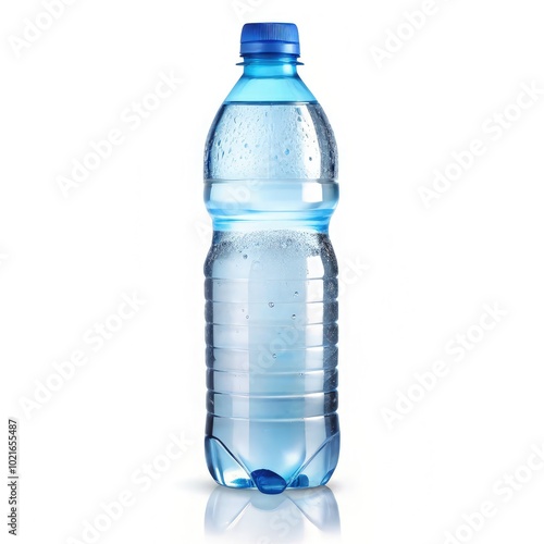 Clear bottle of mineral water with blue cap on a standard scale for measurement. Generative AI