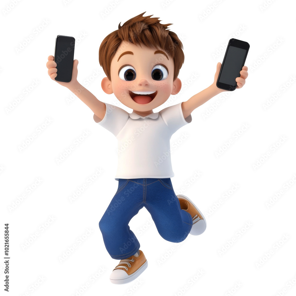 cartoon boy happily holds a smartphone on white background cartoon boy happily holds a smartphone on white background