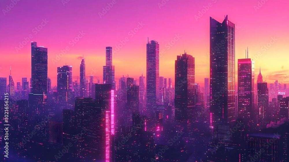 Obraz premium Skyscrapers in foreground, pink/purple sky in backdrop