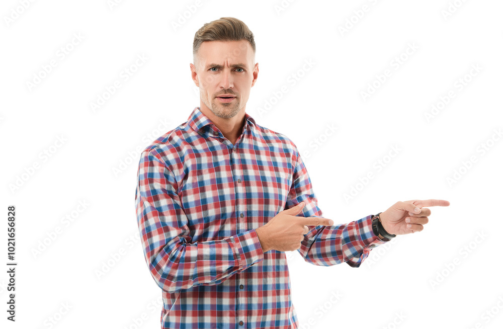 Mature man offer advertisement isolated on white. Advertisement of man in checkered shirt. Advertisement offer. Mature man portrait pointing finger. Good offer Mature man offer advertisement isolated on white. Advertisement of man in checkered shirt. Advertisement offer. Mature man portrait pointing finger. Good offer