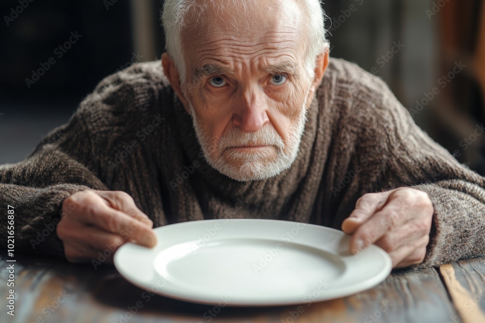 an old man sitting at a table with a plate in front of him an old man sitting at a table with a plate in front of him