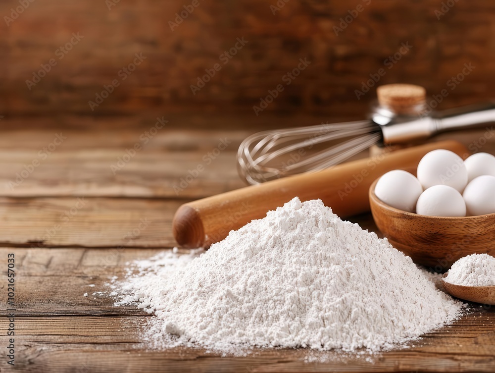 Flour scattered on a wooden table, rolling pin, whisk, and baking ingredients around, warm ambiance Flour scattered on a wooden table, rolling pin, whisk, and baking ingredients around, warm ambiance