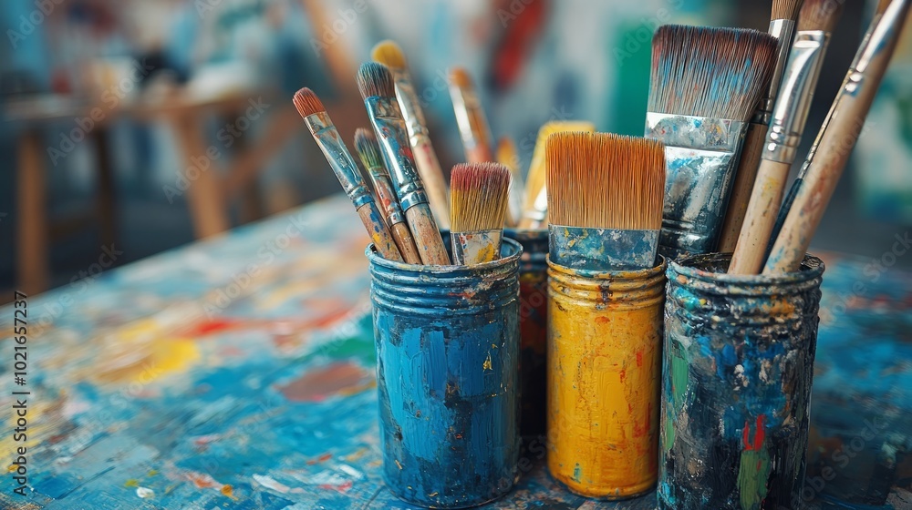 A close-up of paintbrushes in cans on a table covered in paint splatters. A close-up of paintbrushes in cans on a table covered in paint splatters.