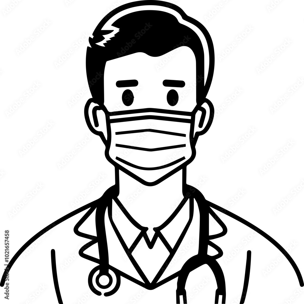 Black Outline Doctor with Face Mask and Stethoscope for Medical Illustrations, Cartoon Style Black Outline Doctor with Face Mask and Stethoscope for Medical Illustrations, Cartoon Style