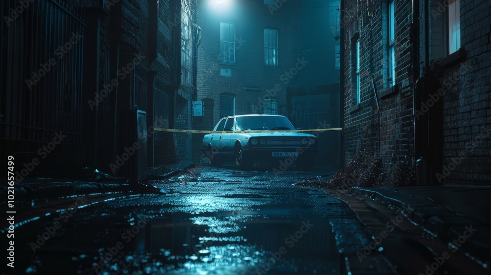Mysterious alley at night with a police car and rain-soaked pavement offering an eerie atmosphere of suspense and intrigue.